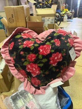 Plush Heart-Shaped Floral Accent pillow- Pink & Black NWT